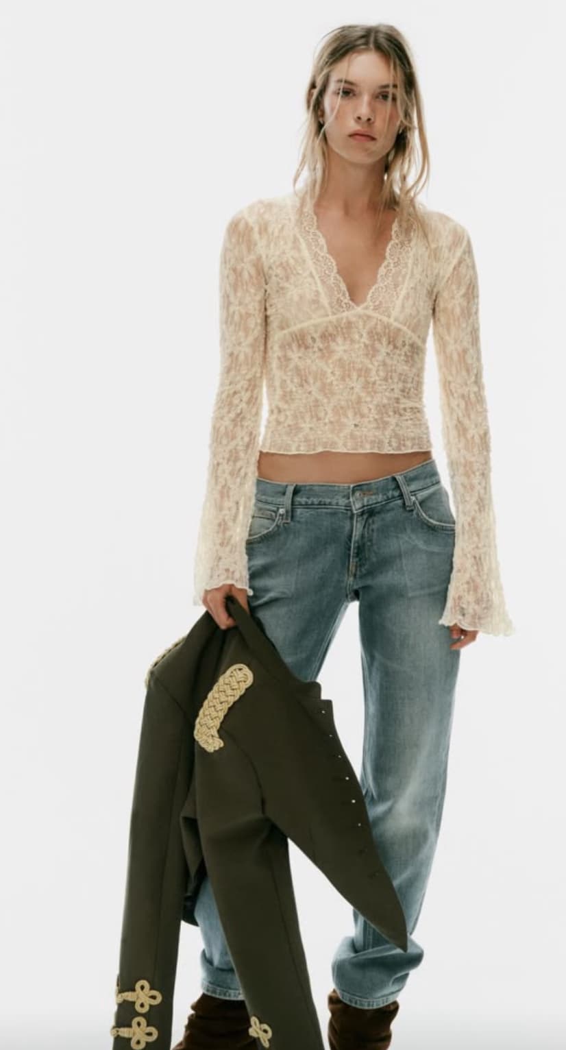 Zara Ivory Floral Sheer Lace Bell-Sleeve Crop Blouse