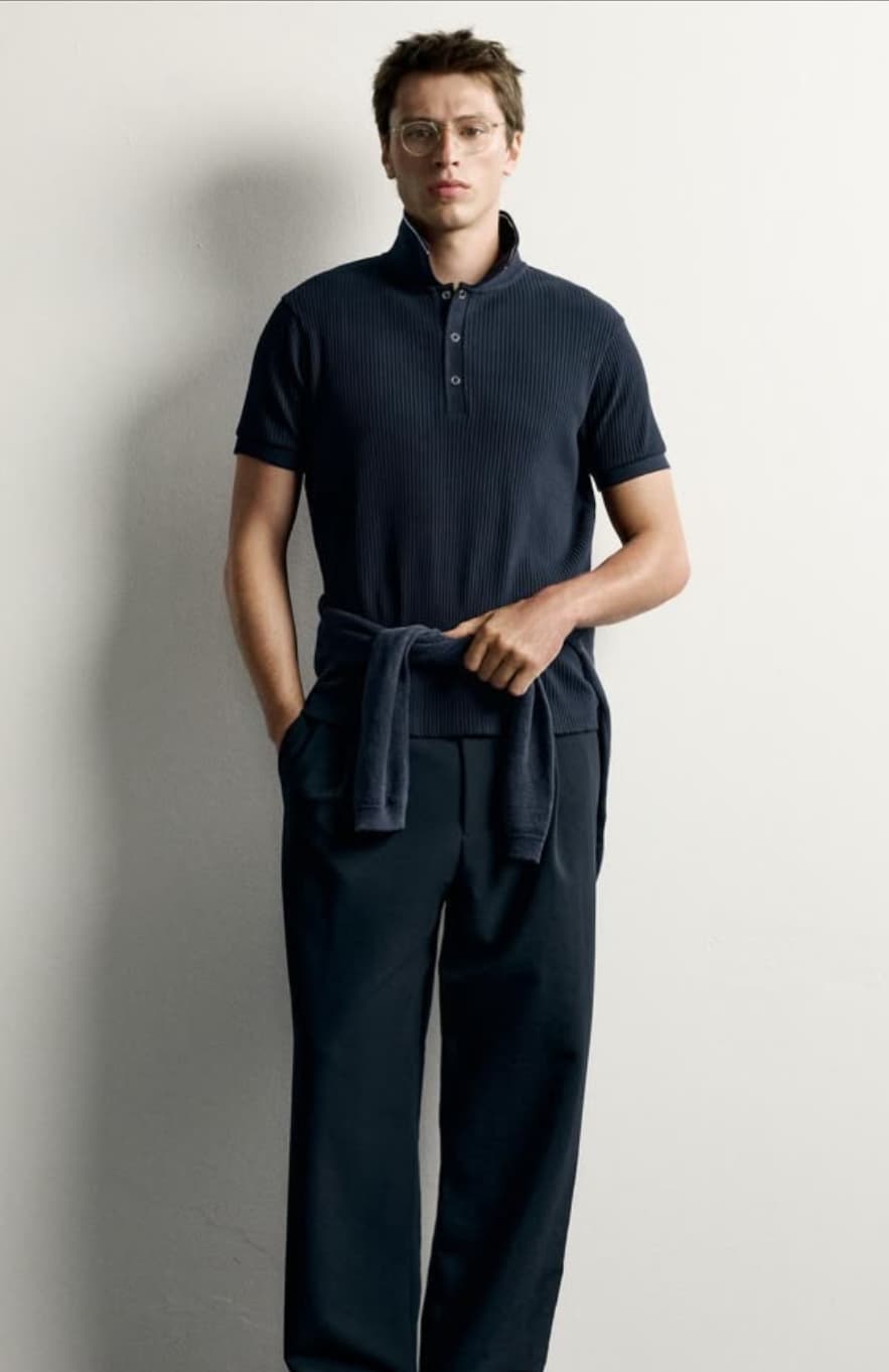 Zara Men Navy Blue Fine Ribbed Knit Short-Sleeve Polo Shirt