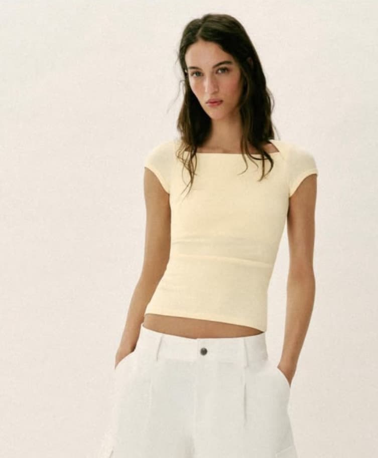 Zara Butter Yellow Square Neck Cap-Sleeve Fitted Tee